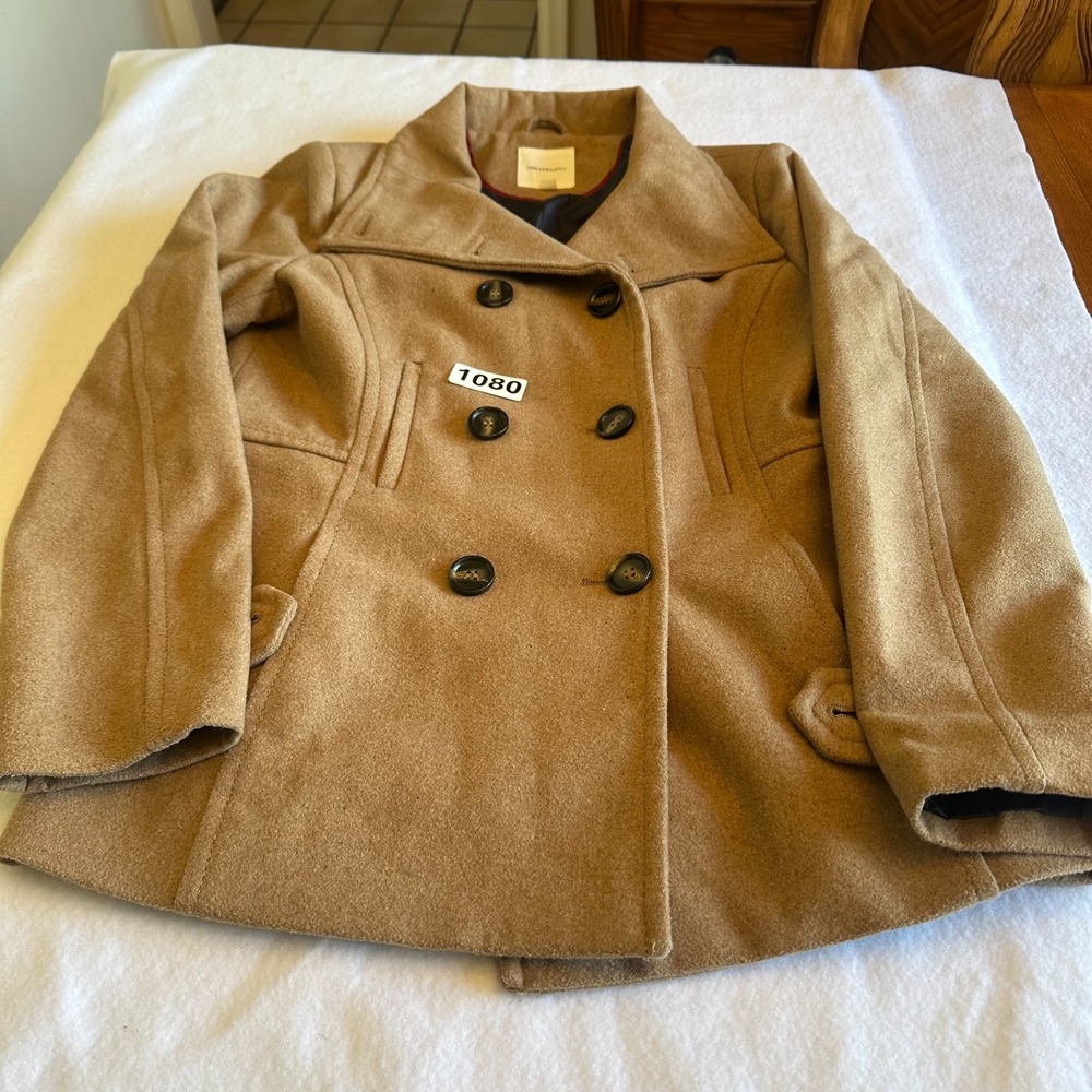 Thread Supply Peacoat Womens Medium M Wool Blend Camel Tan Coat Double Breasted - Picture 2 of 10